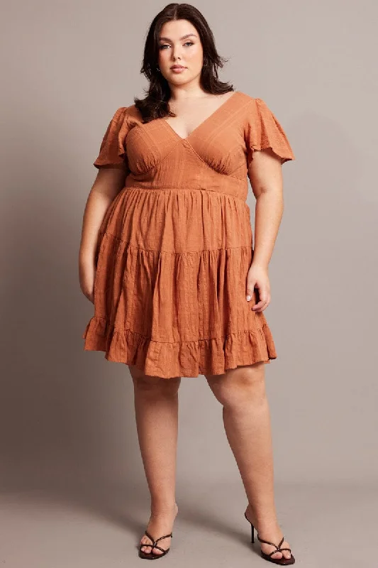 Brown V-neck Textured Cotton Mini Dress