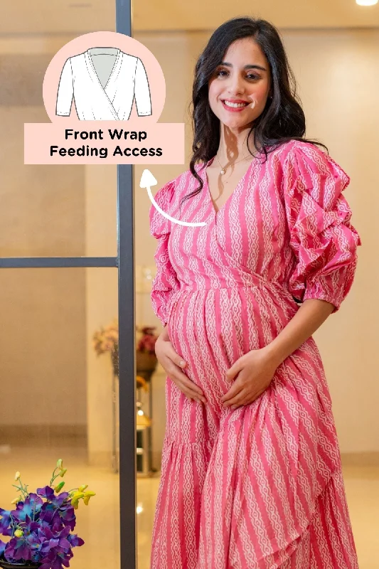 Charming Candy Floss Maternity & Nursing Frill Wrap Dress (100% Cotton)