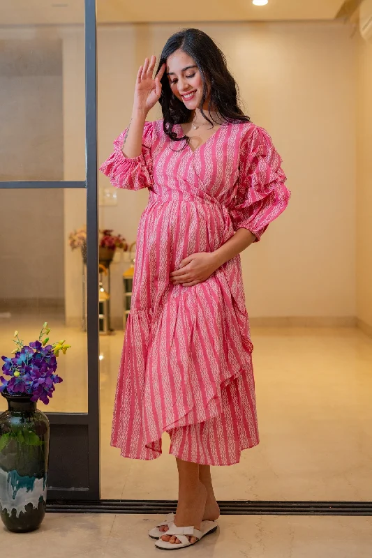 Charming Candy Floss Maternity & Nursing Frill Wrap Dress (100% Cotton)