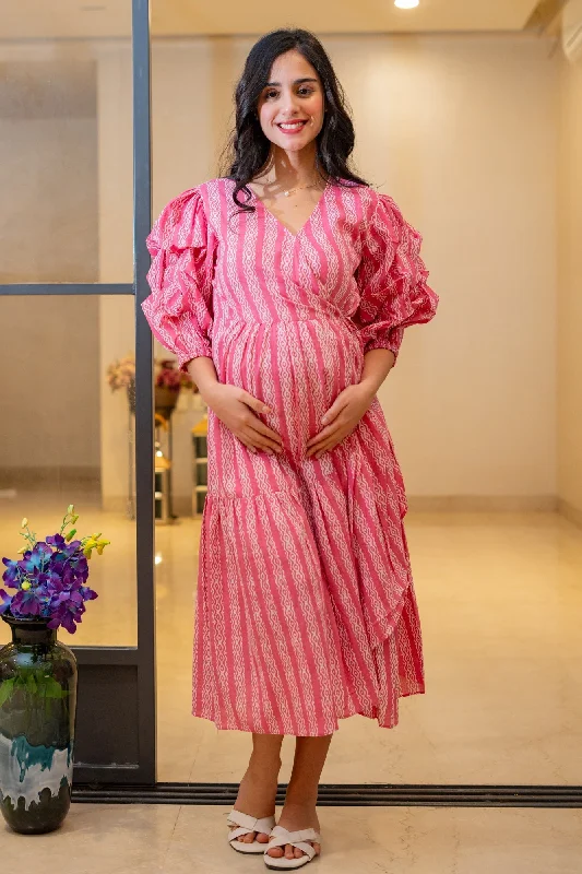 Charming Candy Floss Maternity & Nursing Frill Wrap Dress (100% Cotton)