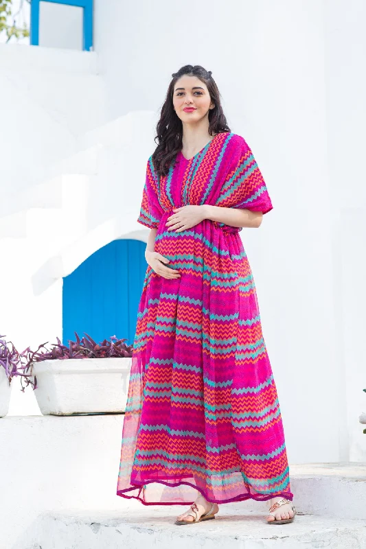 Joyful Rainbow Striped Maternity Kaftan Dress