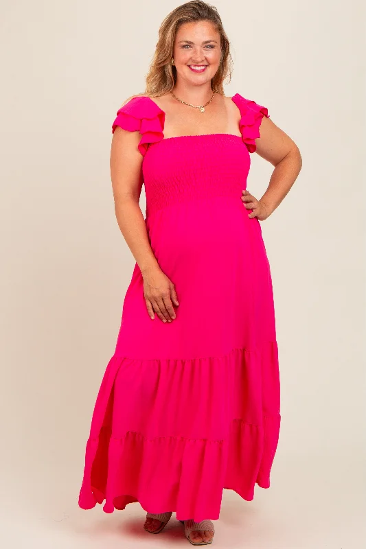 Fuchsia Smocked Ruffle Layered Short Sleeve Tiered Maternity Maxi Dress