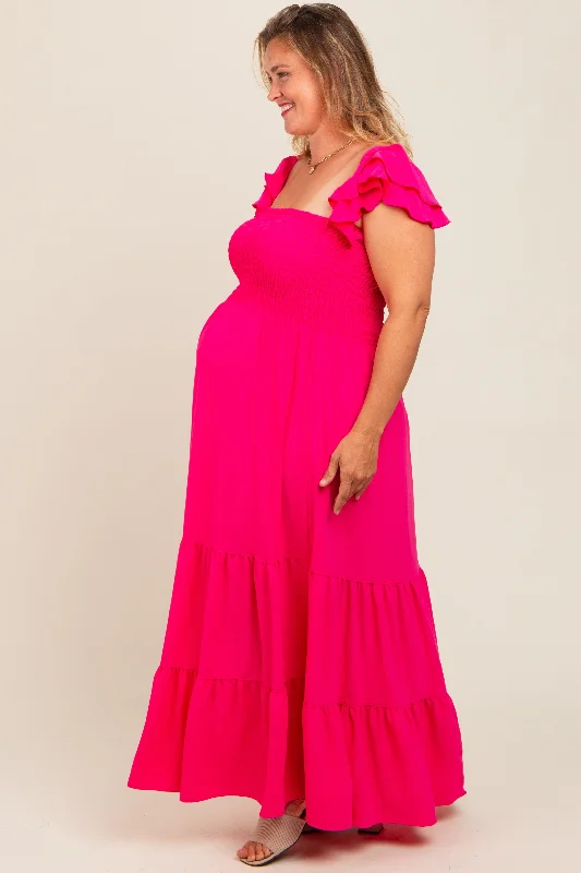 Fuchsia Smocked Ruffle Layered Short Sleeve Tiered Maternity Maxi Dress