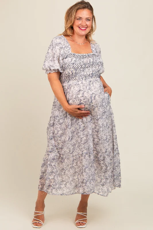 Navy Floral Embroidered Smocked Maternity Midi Dress