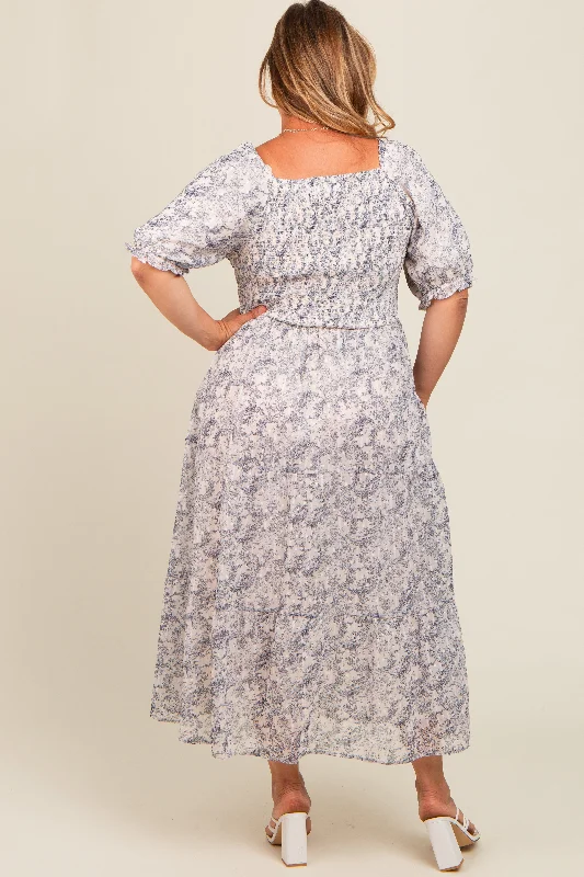 Navy Floral Embroidered Smocked Maternity Midi Dress