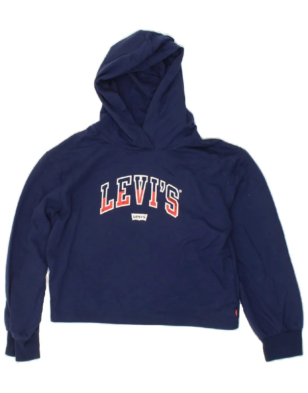 LEVI'S Girls Graphic Crop Hoodie Jumper 13-14 Years Navy Blue Cotton