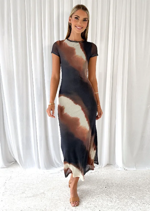 Plamra Mesh Maxi Dress - Brown Tie Dye