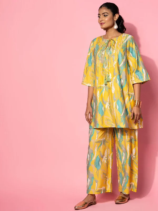 Mustard Printed Silk Blend Co-Ords