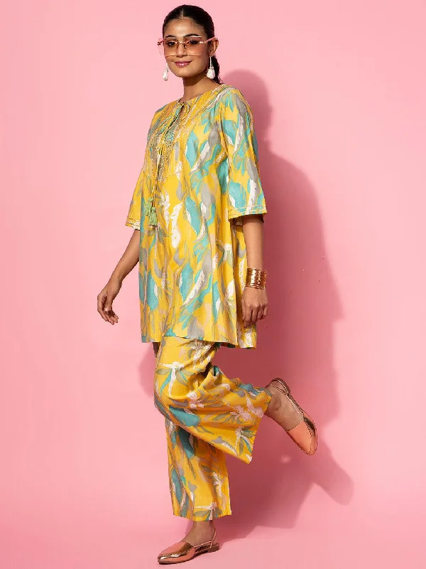 Mustard Printed Silk Blend Co-Ords