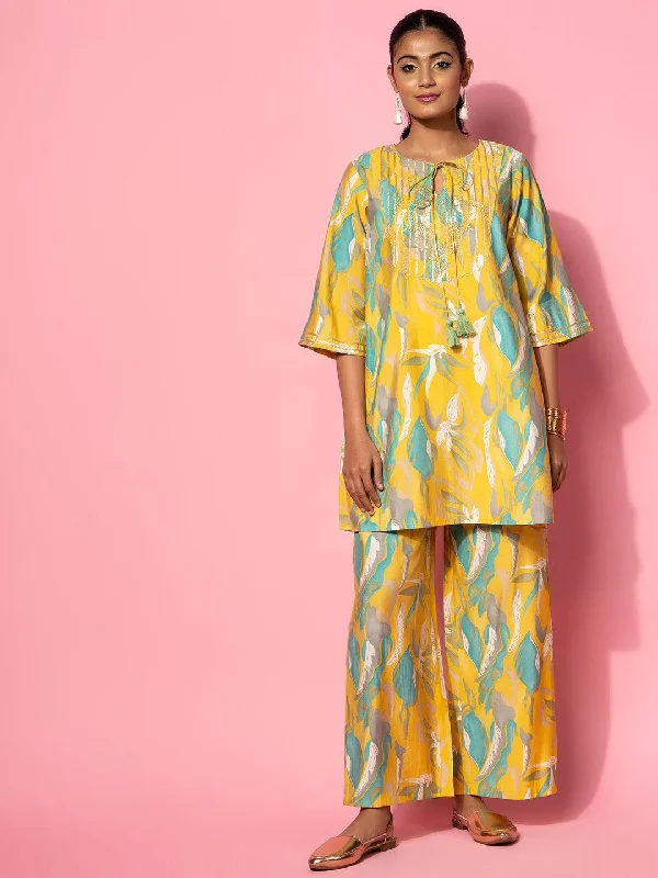 Mustard Printed Silk Blend Co-Ords