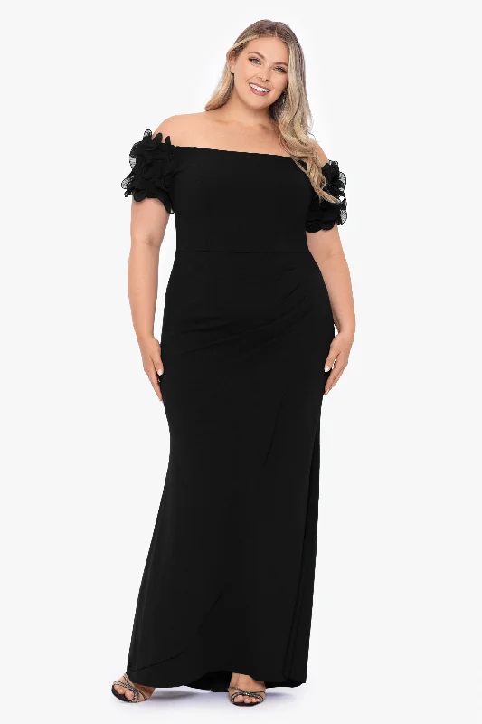 Plus ""Ashlyn"" Long Off the Shoulder Wire Flower Gown