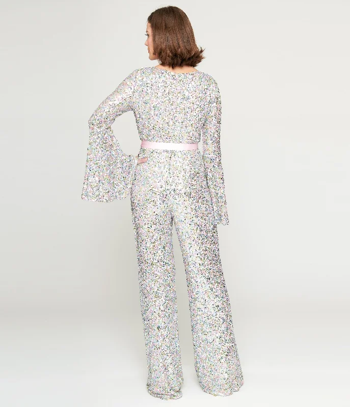 Smak Parlour 1960s Pastel Rainbow Sequin Bell Sleeve Jumpsuit