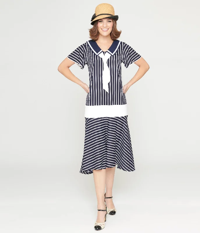 Unique Vintage 1920s Navy & White Striped Flapper Dress