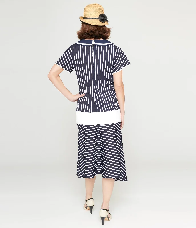 Unique Vintage 1920s Navy & White Striped Flapper Dress