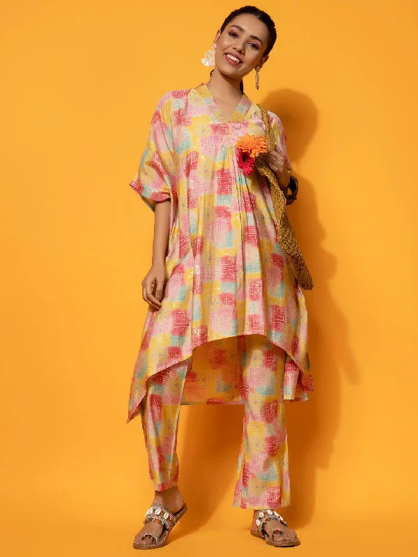 Yellow Printed Silk Blend Co-Ords