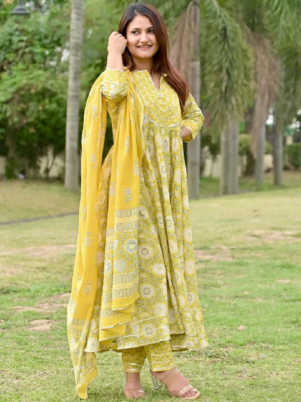 Yellow Yoke Design Cotton Anarkali Suit Set With Trousers