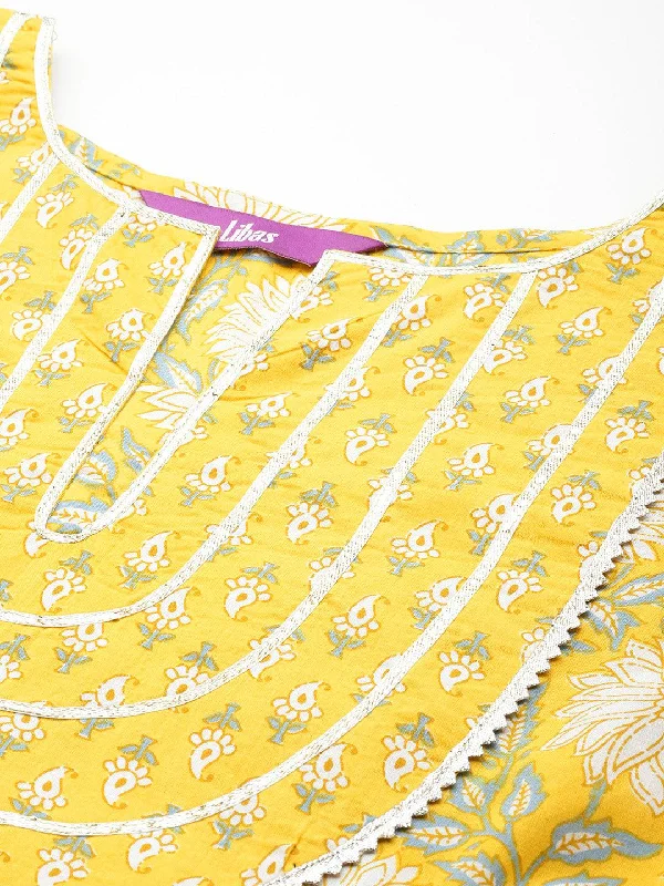 Yellow Yoke Design Cotton Anarkali Suit Set With Trousers